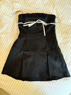 REVOLVE Black Pinstripe Strapless Mini Dress with White Trim